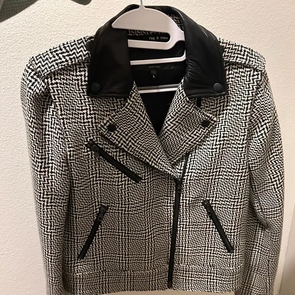 $895 Rag & Bone Bowery Tweed Jacket Removable Sleeves Wool and Lamb Leather - Picture 1 of 4